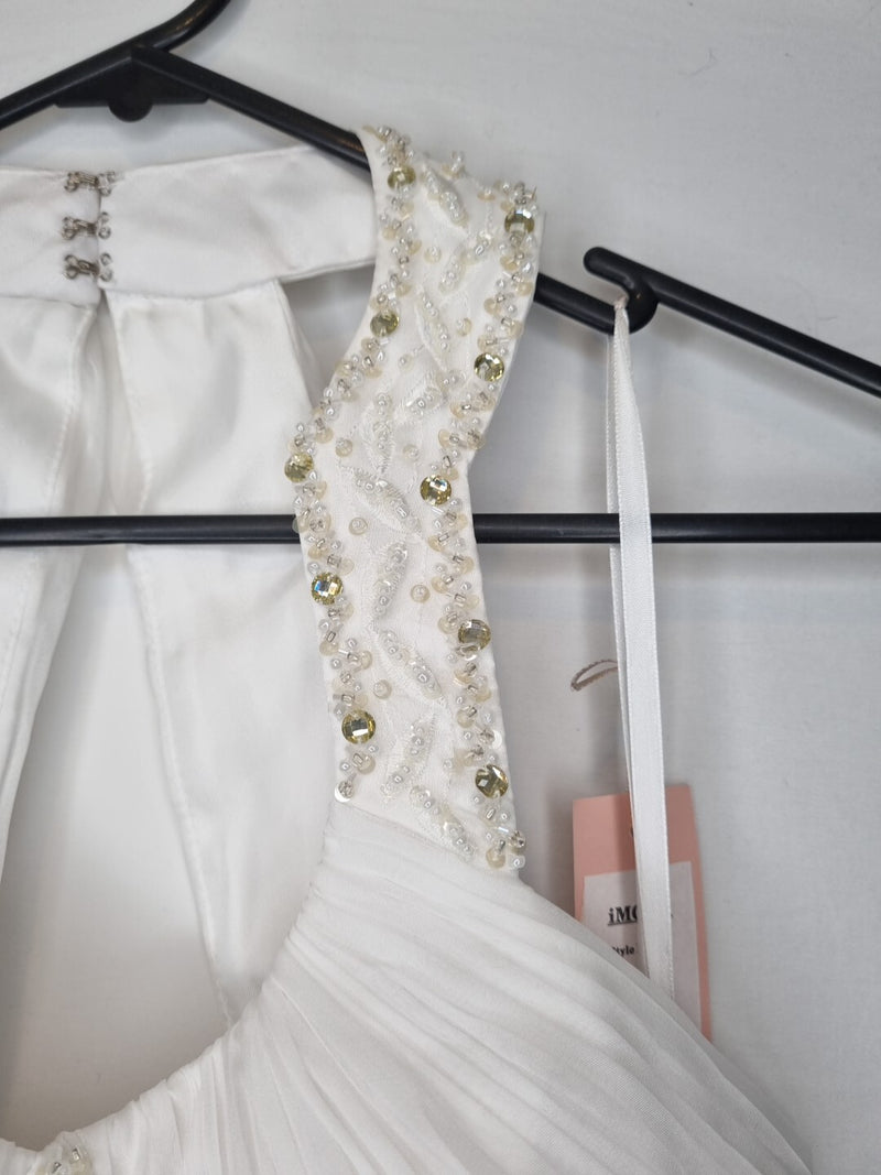 Imoda White Chiffon Ruched Beaded Round Neck High Back Wedding Dress Sz 817