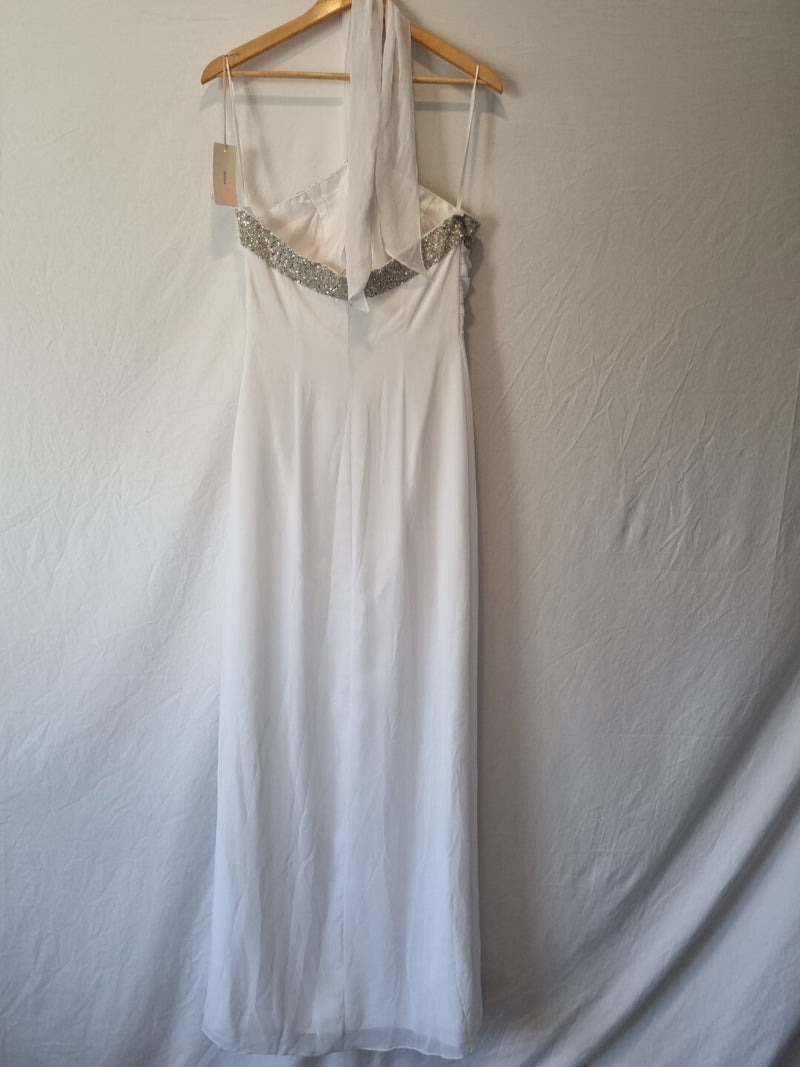 Imoda White Chiffon Beaded Ruch Halter Neck Empire Wedding Dress Sz 128