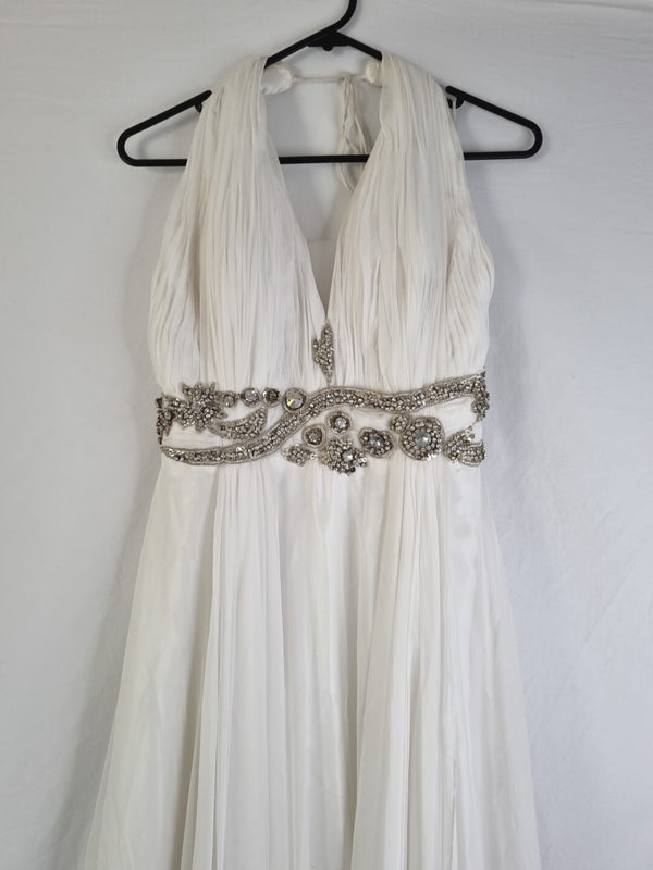 Imoda Ivory Chiffon Halter Neck Ruched Crystal Bead Backless Wedding Dress Sz 62