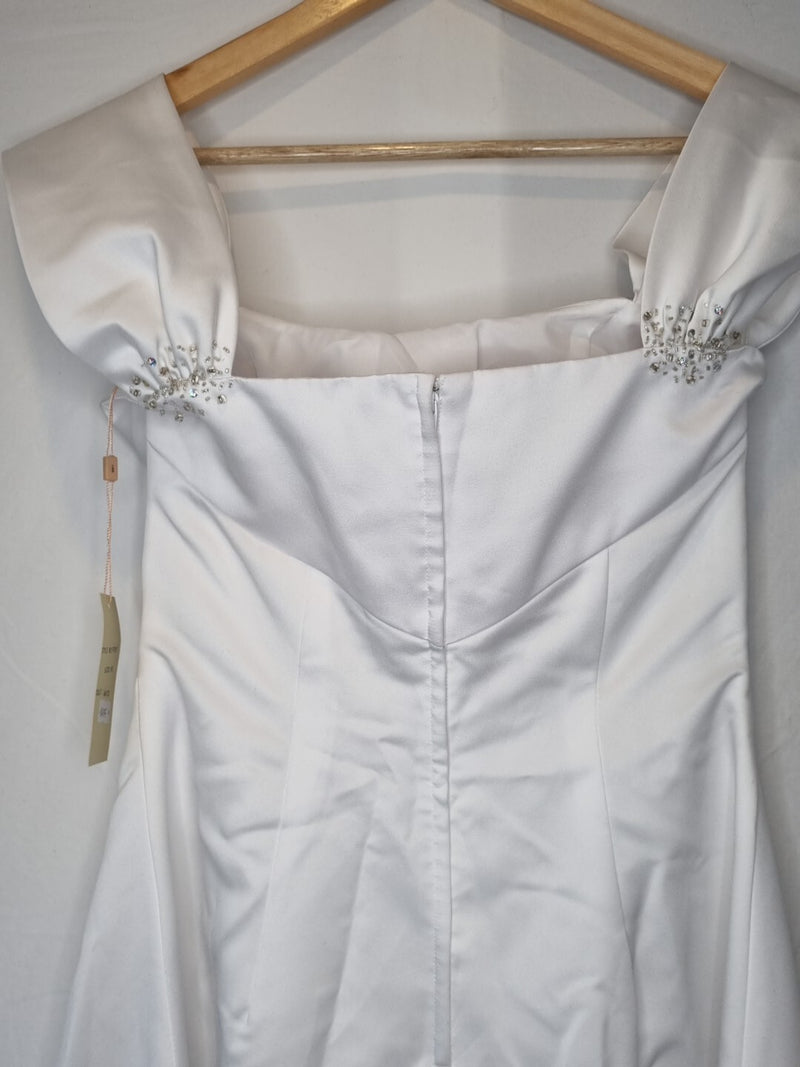 Imoda White Satin Off Shoulder Beaded Ruched Wedding Dress Sz 109