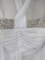 Imoda White Chiffon Ruched Beaded Halter Neck Empire Wedding Dress Sz 103