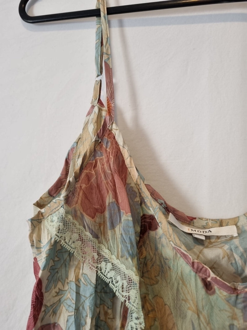 Imoda Pink Blue Beige Floral Ruffle Lace Layered Casual Singlet Silk Top Size M6