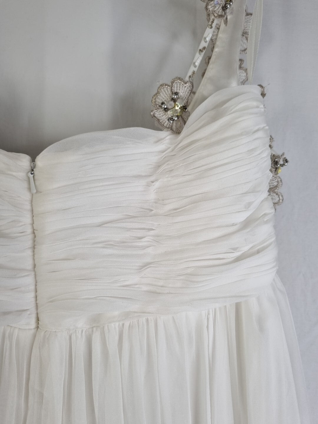 Imoda Ivory Chiffon Ruched Crystal Diamante Beaded Flowers Wedding Dress Sz 1411