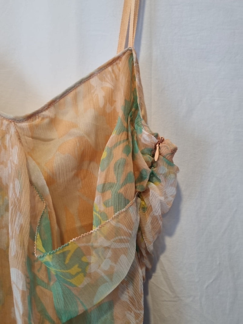 Imoda Chiffon Peach Floral Ruched Layered Casual Silk Dress Size 84