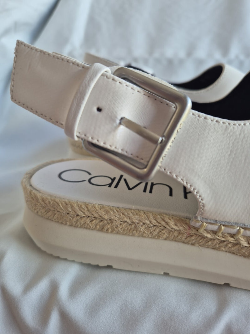 Calvin Klein White Sling Back Buckle Open Toe Espadrilles Shoes Size 397