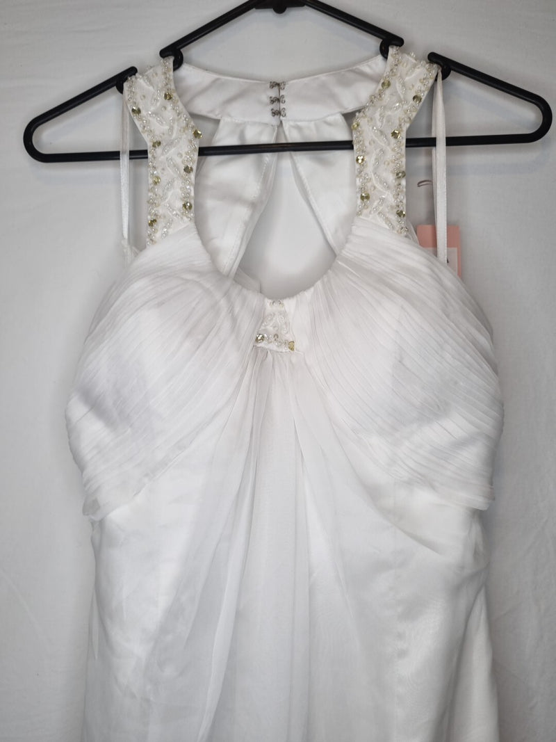 Imoda White Chiffon Ruched Beaded Round Neck High Back Wedding Dress Sz 83