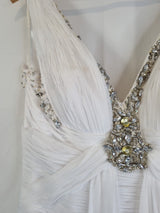 Imoda White Chiffon V neck Beaded Ruched Crystal Fitted Wedding Dress Sz 125