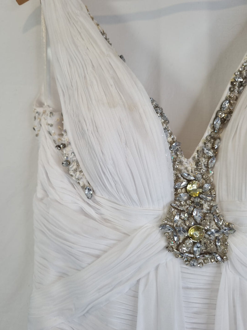 Imoda White Chiffon V neck Beaded Ruched Crystal Fitted Wedding Dress Sz 125