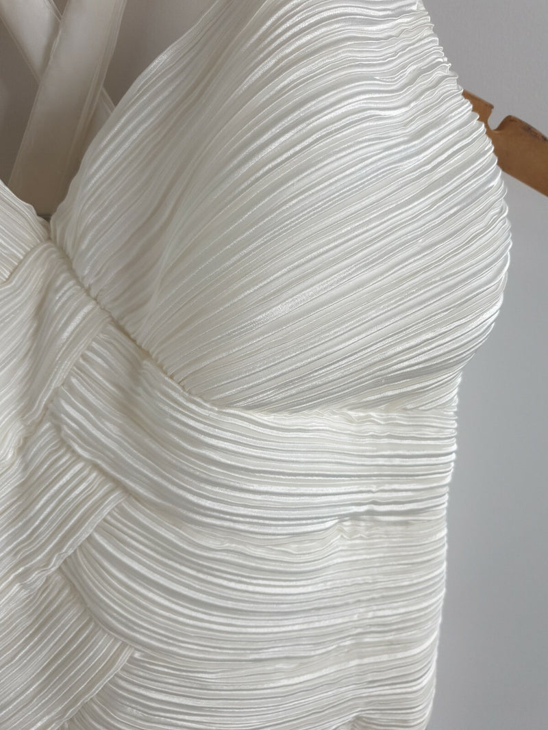 Angeline ivory satin ruched pleated cross back wedding maid honour dress size 122