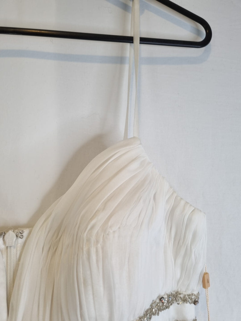 Imoda Ivory Chiffon Sweetheart Ruched Crystal Beaded Wedding Dress Sz 107