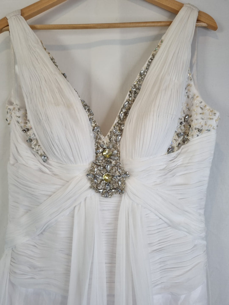 Imoda White Chiffon V neck Beaded Ruched Crystal Fitted Wedding Dress Sz 123