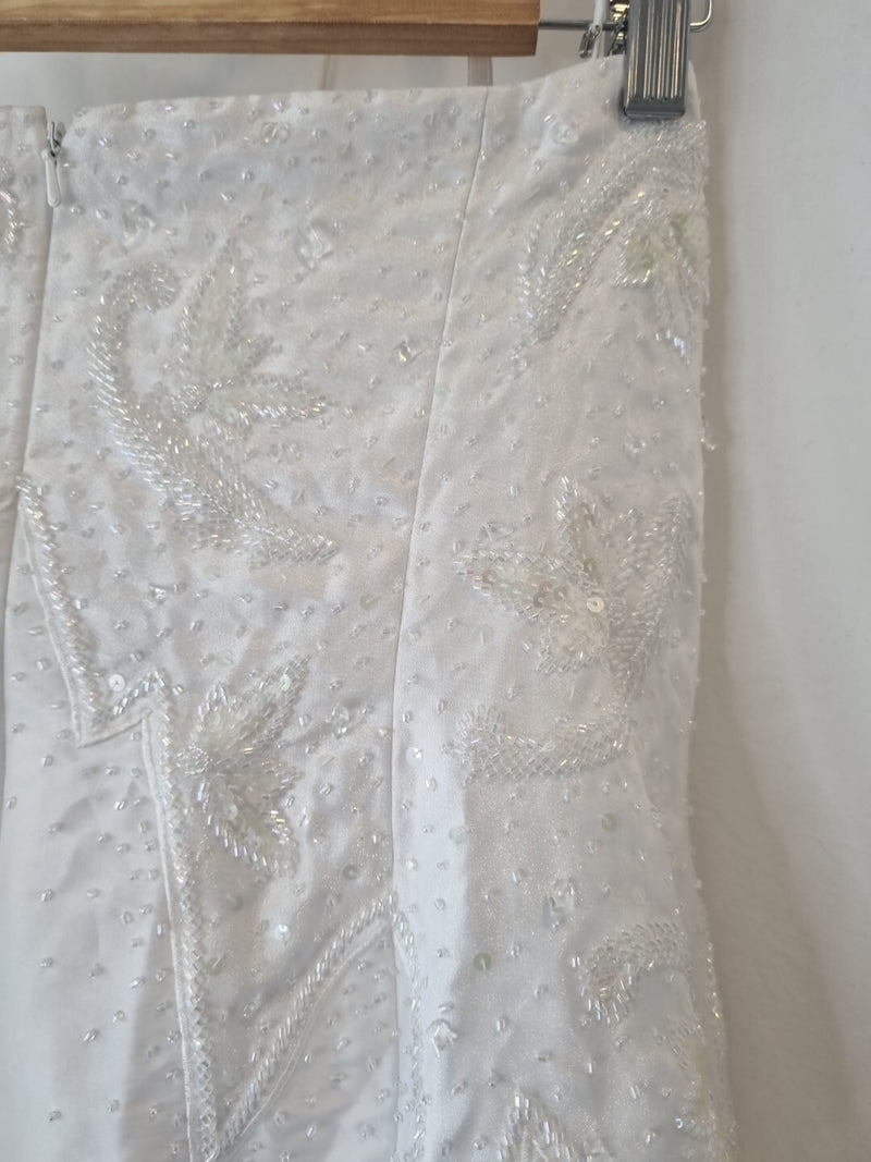 iModa White Taffeta A-line Beaded Sequin Embroidered Strapless/strap Dress Sz 1411