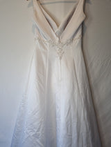 Isabella Faye White Satin V-neck Embroidered Beaded A-line Wedding Dress Sz 109