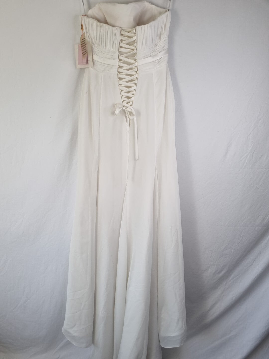 Imoda Ivory Chiffon Ruched Pearl Beaded Train Wedding Dress Sz 107