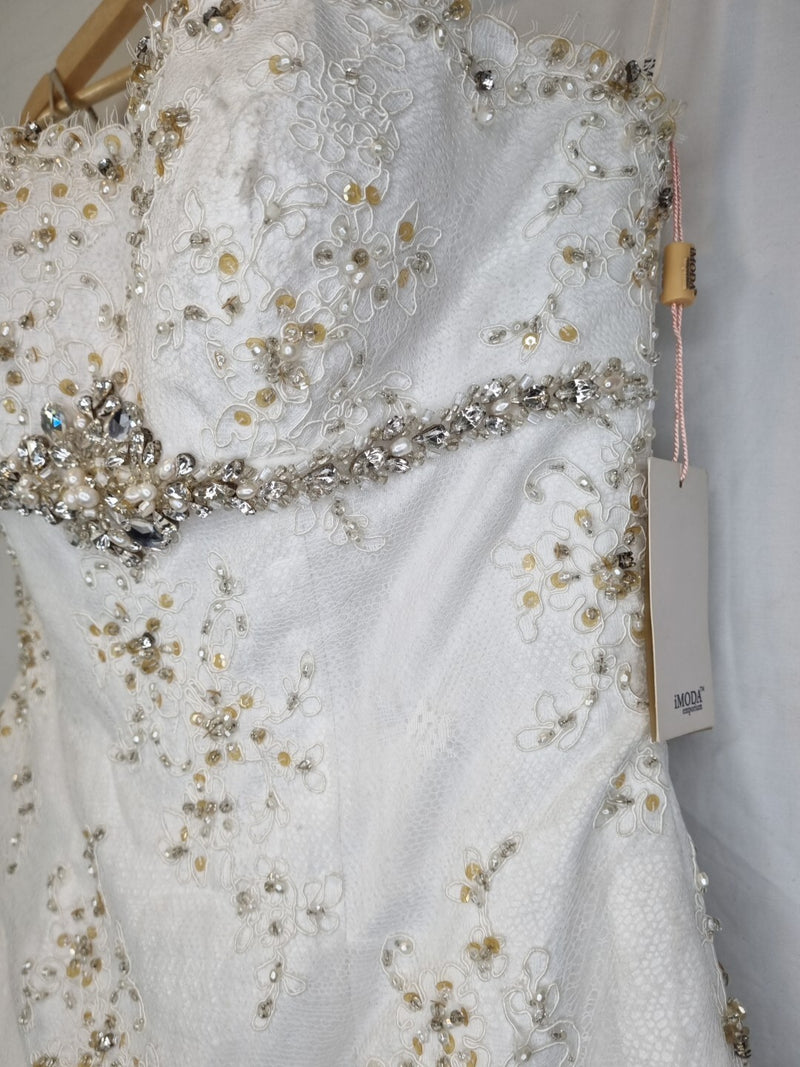 Imoda Ivory Lace Sweetheart Beaded Mermaid Ruffled Train Wedding Dress Sz 104