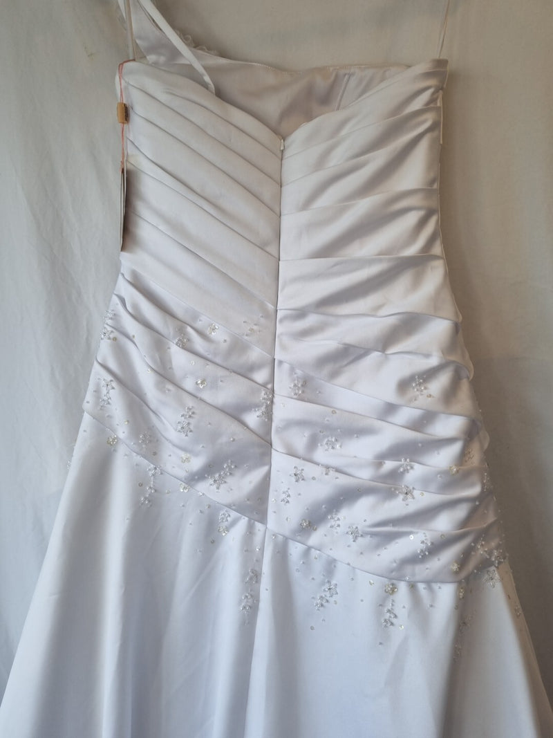 iModa White Satin A-line Beaded Sequin Pleated One Shoulder Wedding Dress Sz 1012