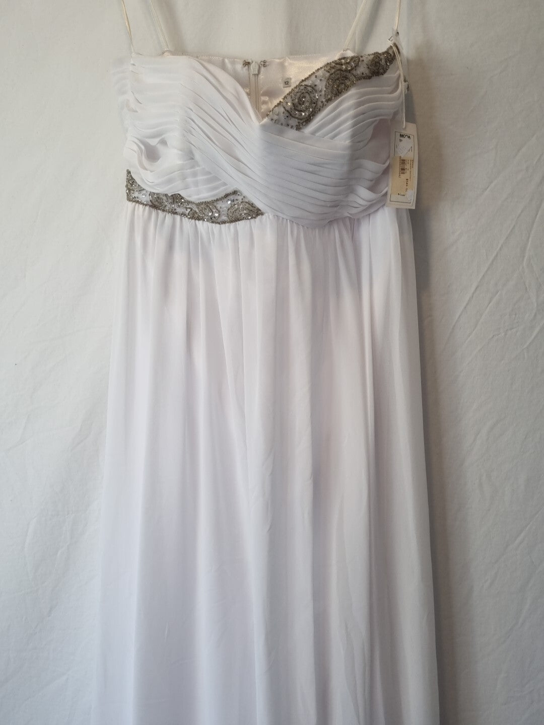Imoda White Chiffon Sweetheart Beaded Ruched Empire Wedding Dress Sz 81