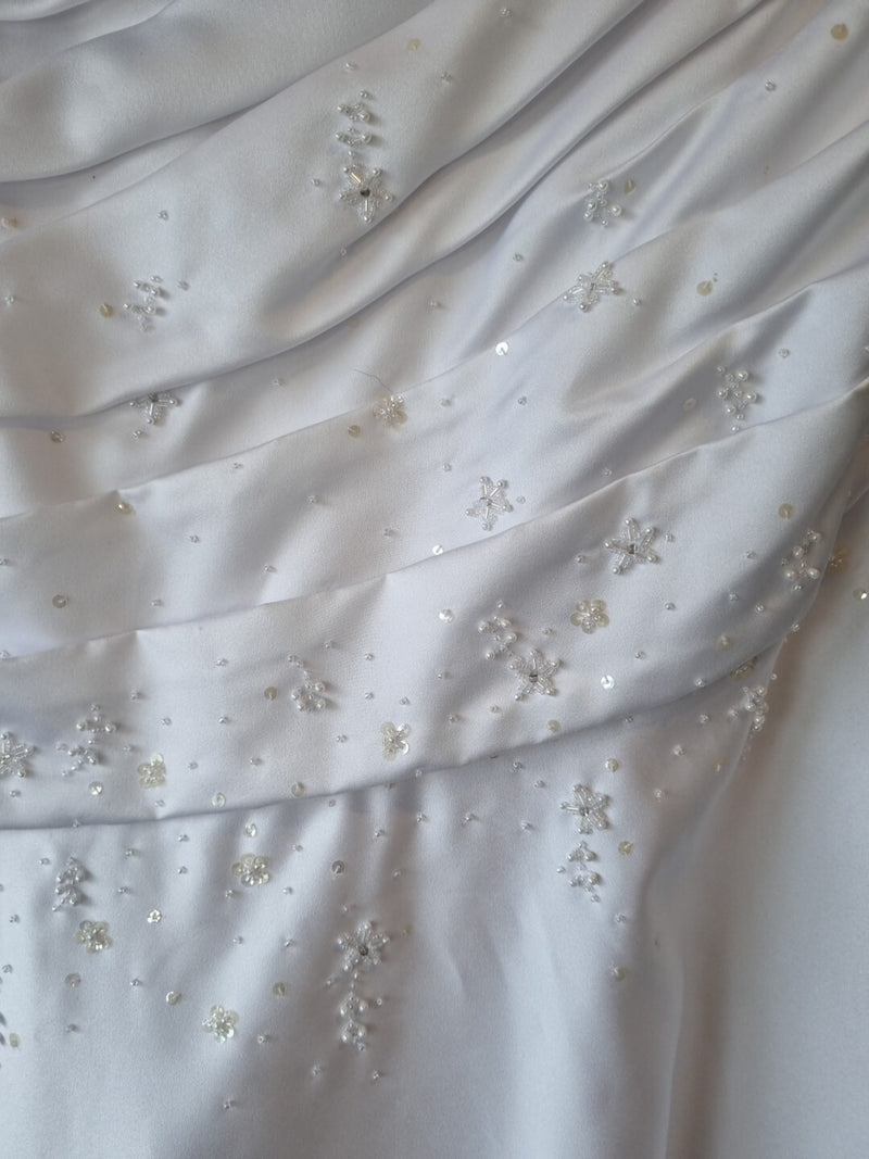 iModa White Satin A-line Beaded Sequin Pleated One Shoulder Wedding Dress Sz 103