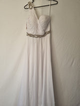 Imoda White Chiffon Sweetheart Beaded Strapless One Shoulder Wedding Dress Sz 100