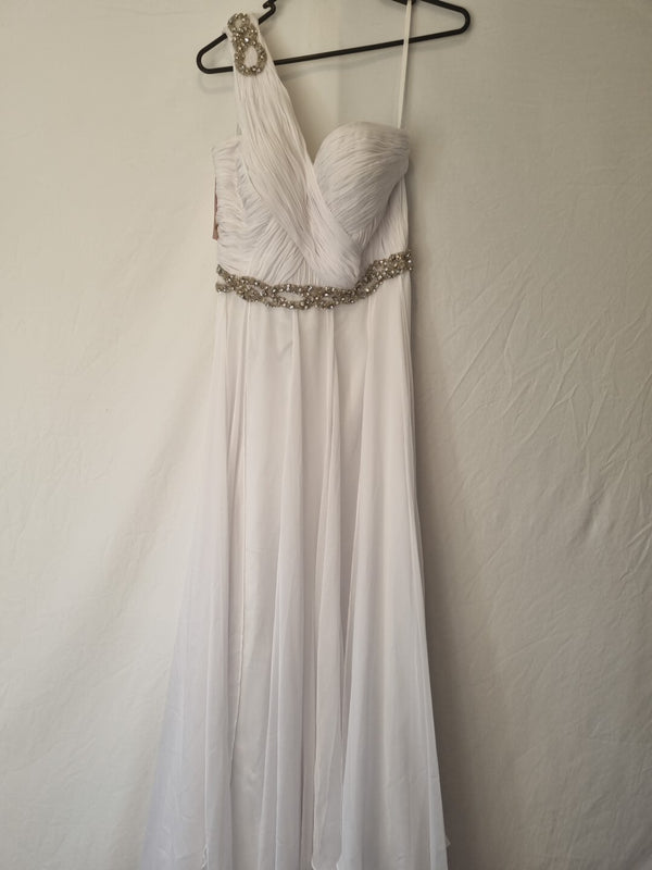 Imoda White Chiffon Sweetheart Beaded Strapless One Shoulder Wedding Dress Sz 100