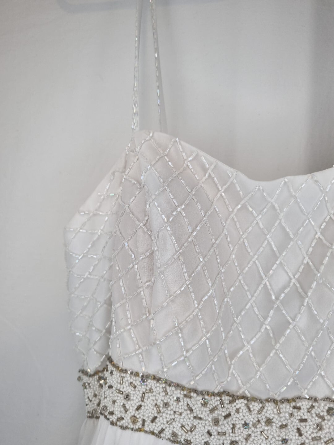 Imoda White Chiffon Pleated Beaded Tiered Strapped Wedding Dress Sz 144