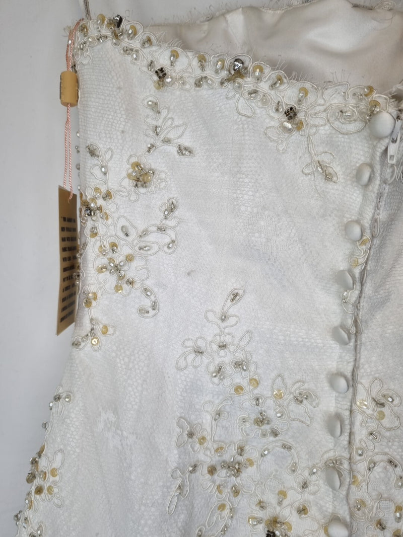 Imoda Ivory Lace Sweetheart Beaded Mermaid Ruffled Train Wedding Dress Sz 1015