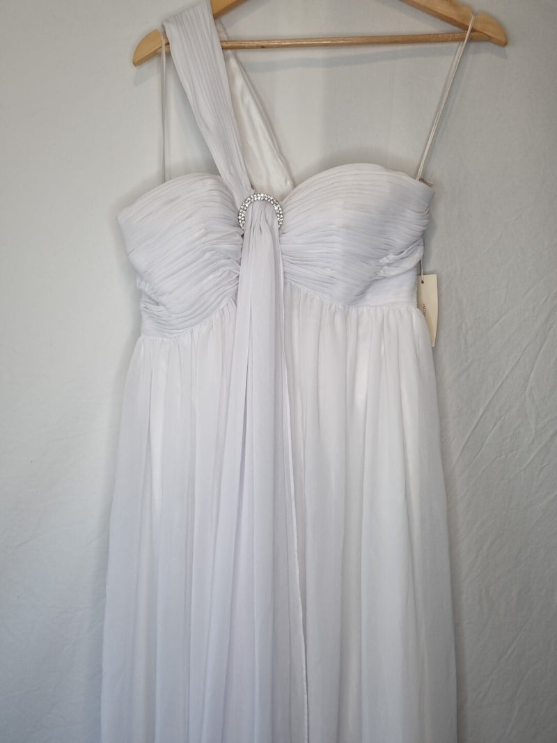 Imoda White Chiffon Ruched Crystal One Shoulder Empire Wedding Dress Sz 121