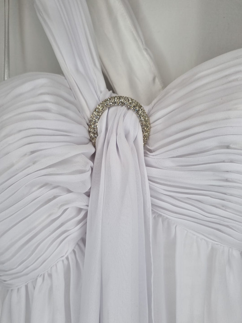 Imoda White Chiffon Ruched Crystal One Shoulder Empire Wedding Dress Sz 124