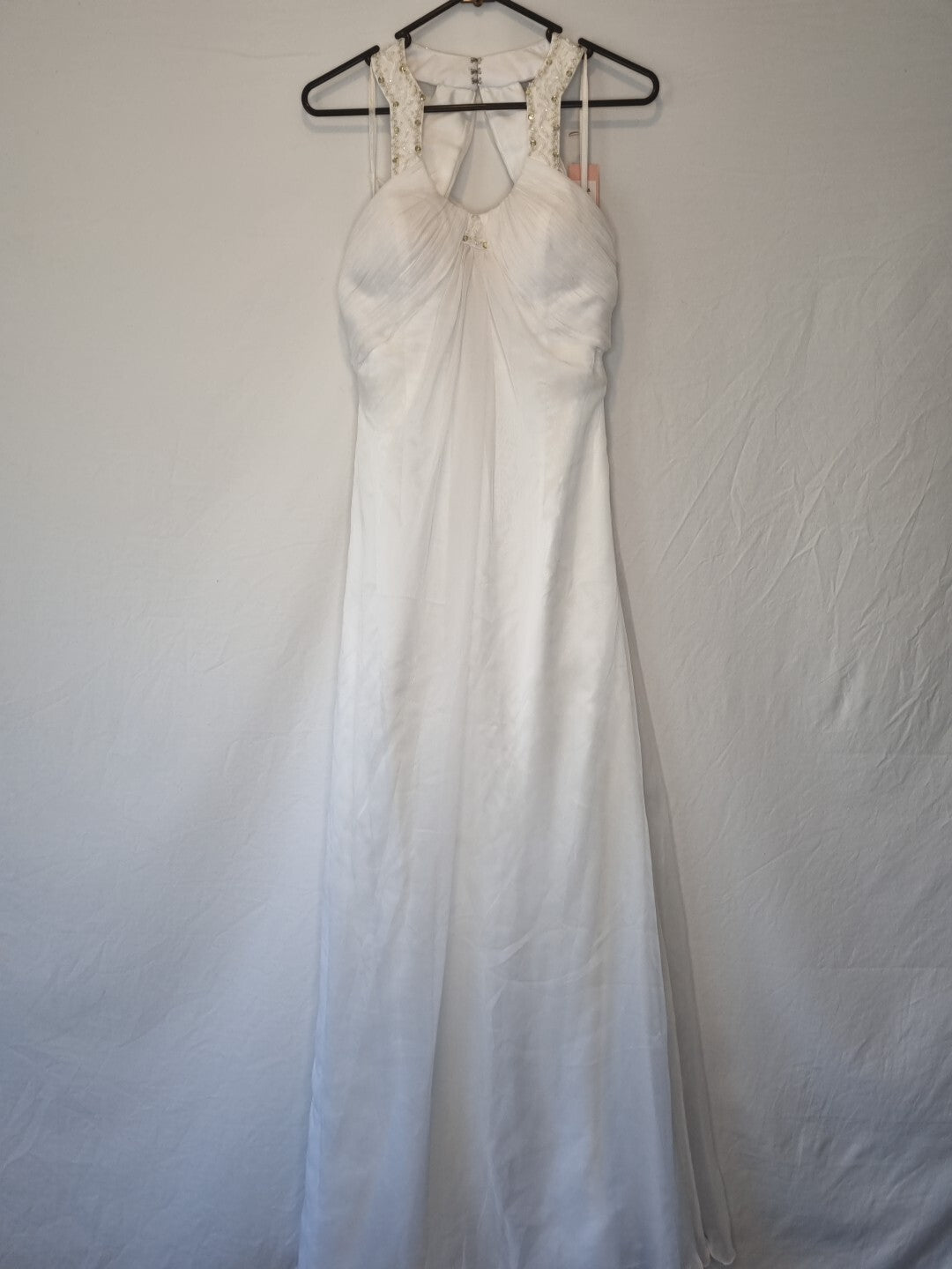Imoda White Chiffon Ruched Beaded Round Neck High Back Wedding Dress Sz 101