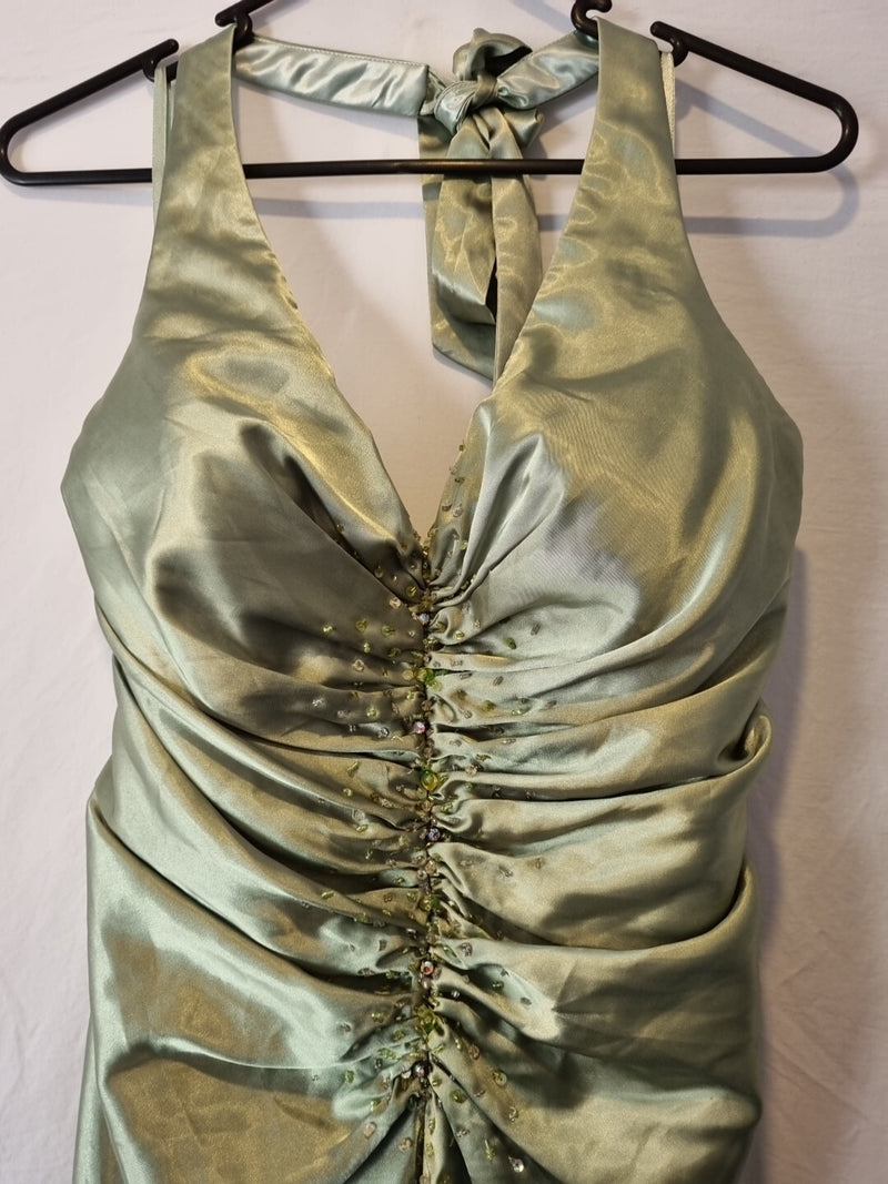Giovanni Satin Green Ruched Beaded Halter Neck Evening Bridesmaid Dress Sz 103