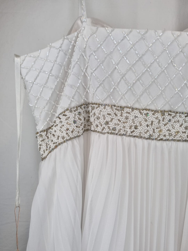 Imoda White Chiffon Pleated Beaded Tiered Strapped Wedding Dress Sz 1011