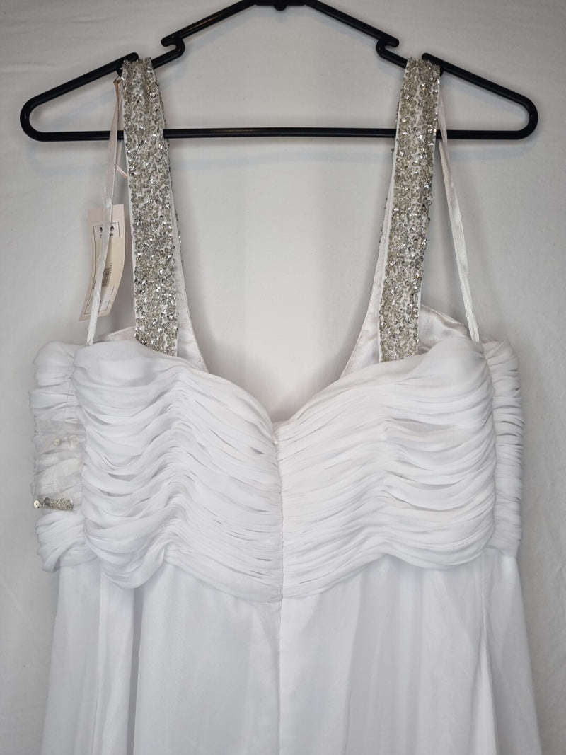 Imoda White Chiffon Ruched Beaded Scoop Neck Empire Wedding Dress Sz 1010