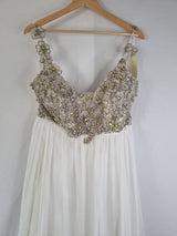 Imoda Ivory Chiffon Ruched Crystal Diamante Beaded Flowers Wedding Dress Sz 142