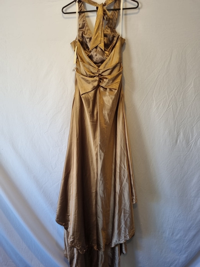 Imoda Brown Bronze Satin Ruched Beaded Halter Evening Bridesmaid Dress Sz 810