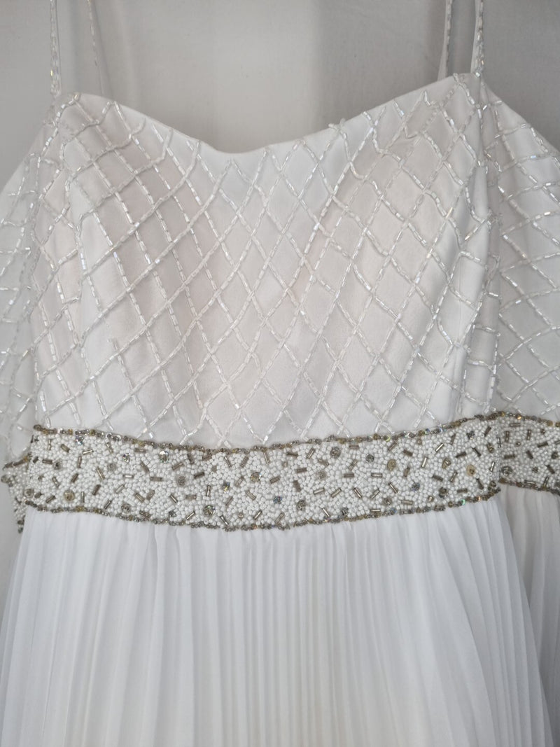 Imoda White Chiffon Pleated Beaded Tiered Strapped Wedding Dress Sz 103