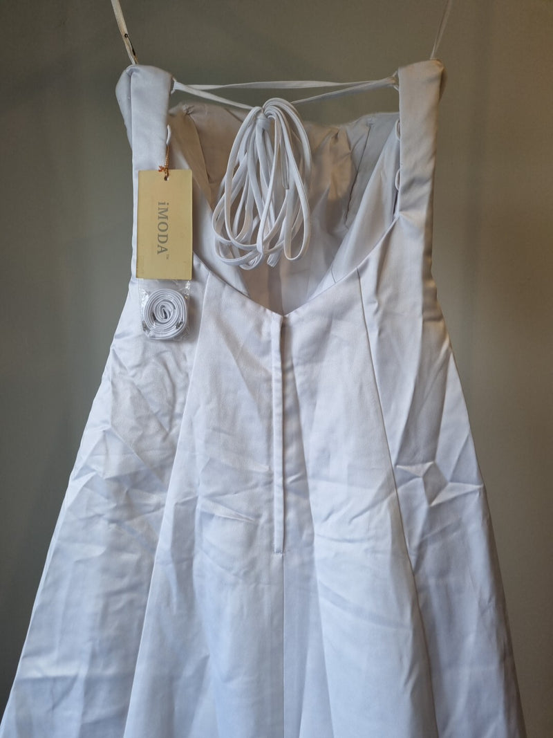 iModa White Straps/strapless Beaded Sequin Tulle Pleated Satin Backless Dress 1010