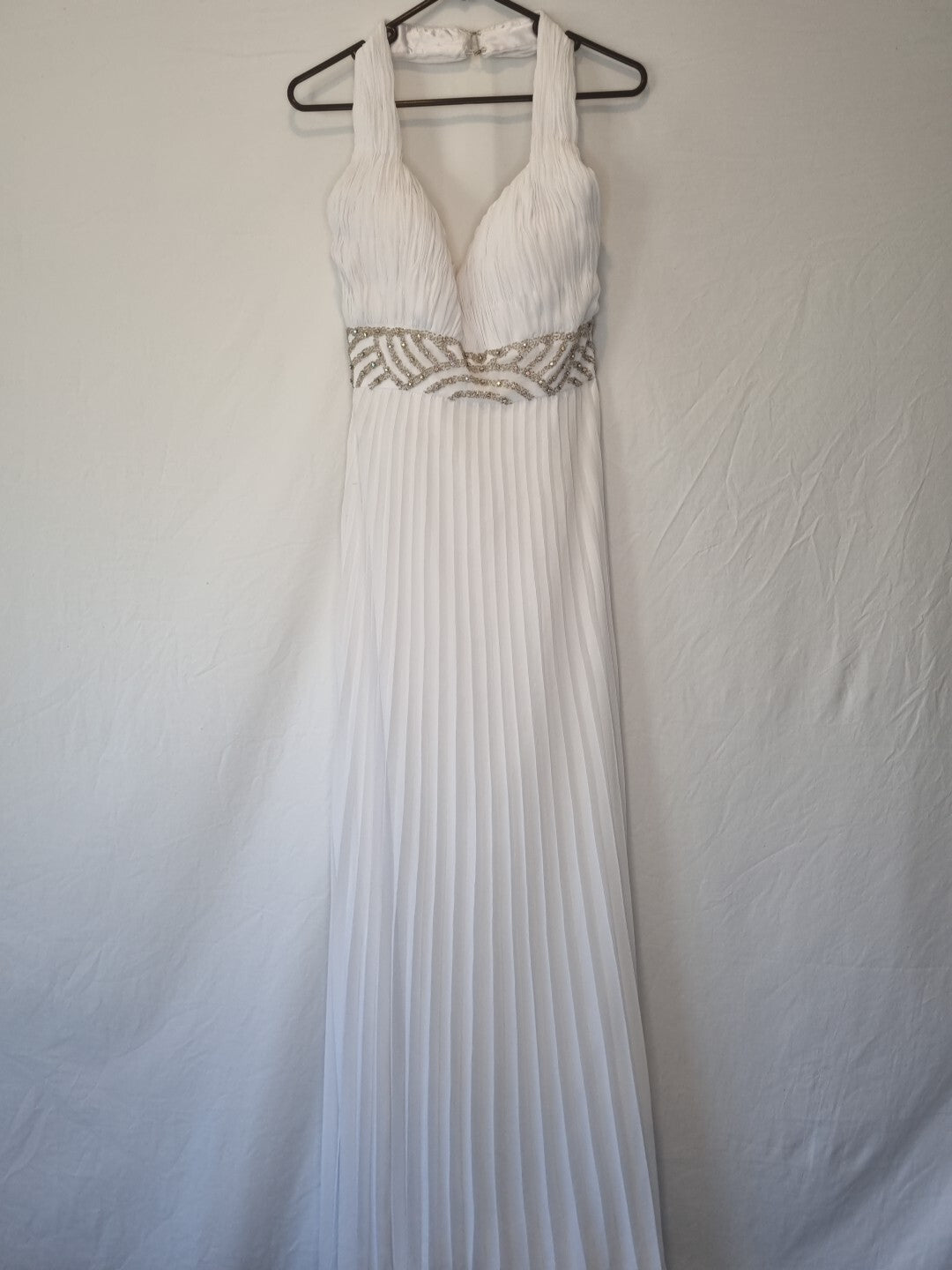 Imoda White Chiffon Ruched Pleated Beaded Grecian Empire Wedding Dress Sz 12