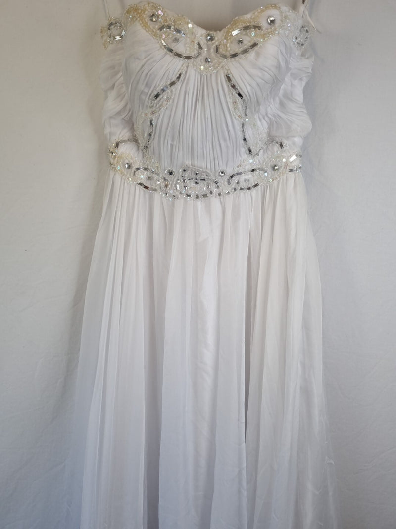 Imoda White Chiffon Sweetheart Ruched Beaded Pearl Wedding Dress Sz 101