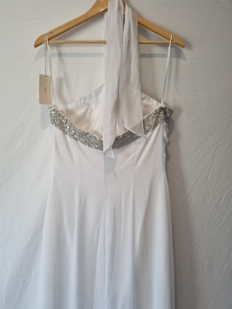 Imoda White Chiffon Beaded Ruch Halter Neck Empire Wedding Dress Sz 129