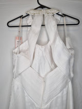 Imoda White Chiffon Ruched Beaded Round Neck High Back Wedding Dress Sz 109