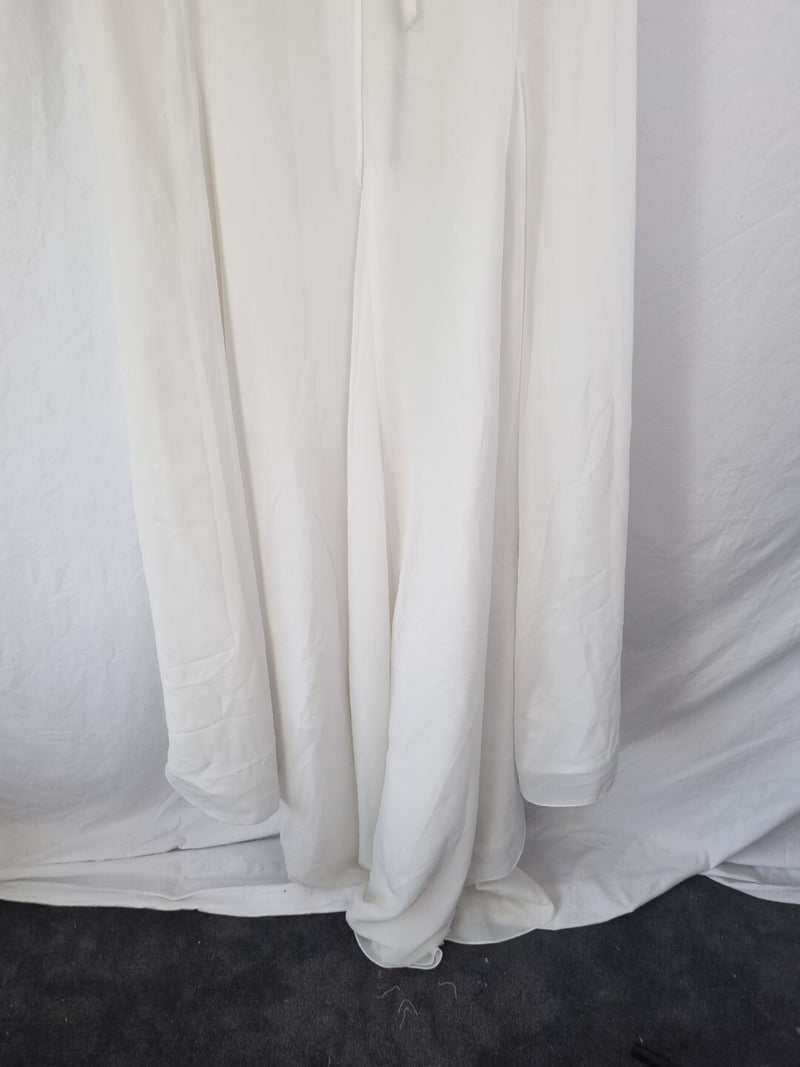 Imoda Ivory Chiffon Ruched Pearl Beaded Train Wedding Dress Sz 108