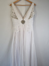 Imoda White Chiffon V neck Beaded Ruched Crystal Fitted Wedding Dress Sz 129