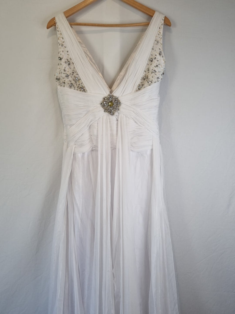 Imoda White Chiffon V neck Beaded Ruched Crystal Fitted Wedding Dress Sz 129