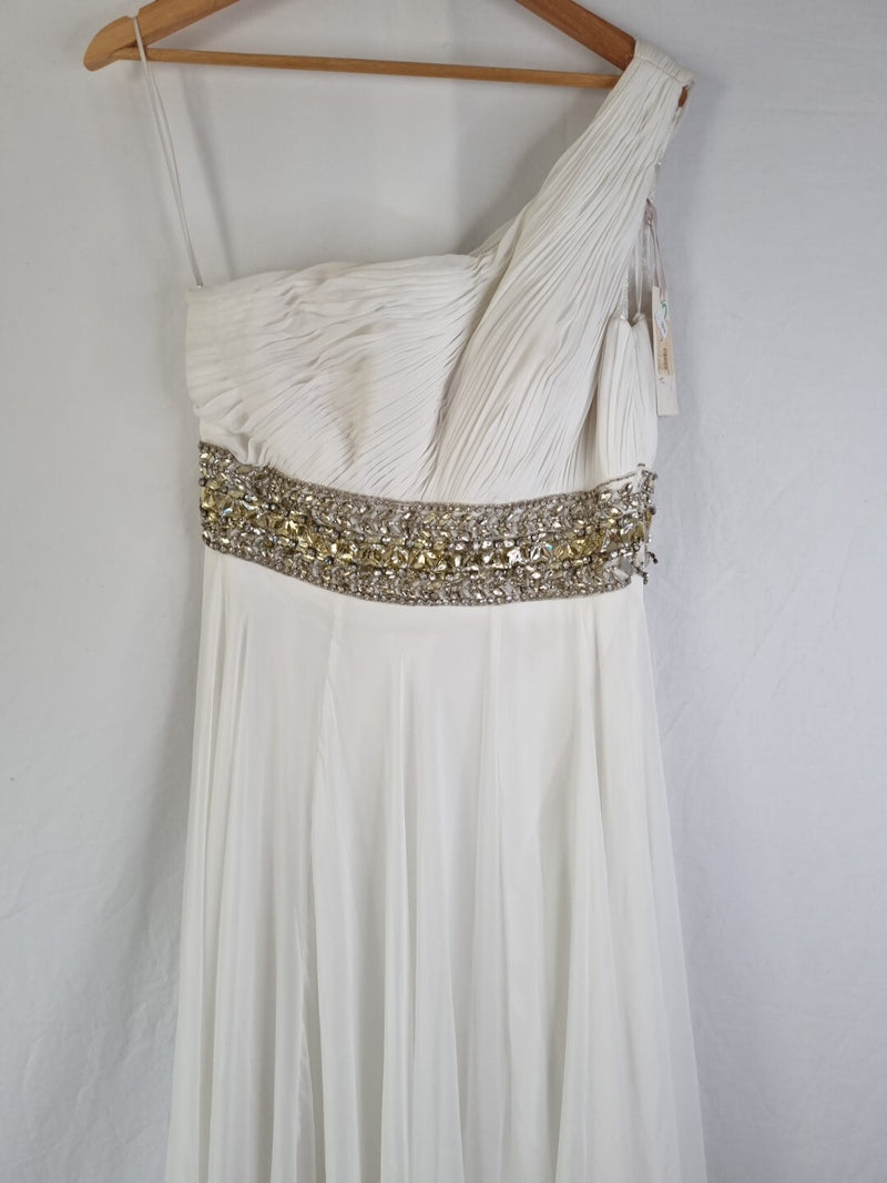 Imoda Ivory Chiffon One Shoulder Ruched Crystal Diamante Wedding Dress Sz 102