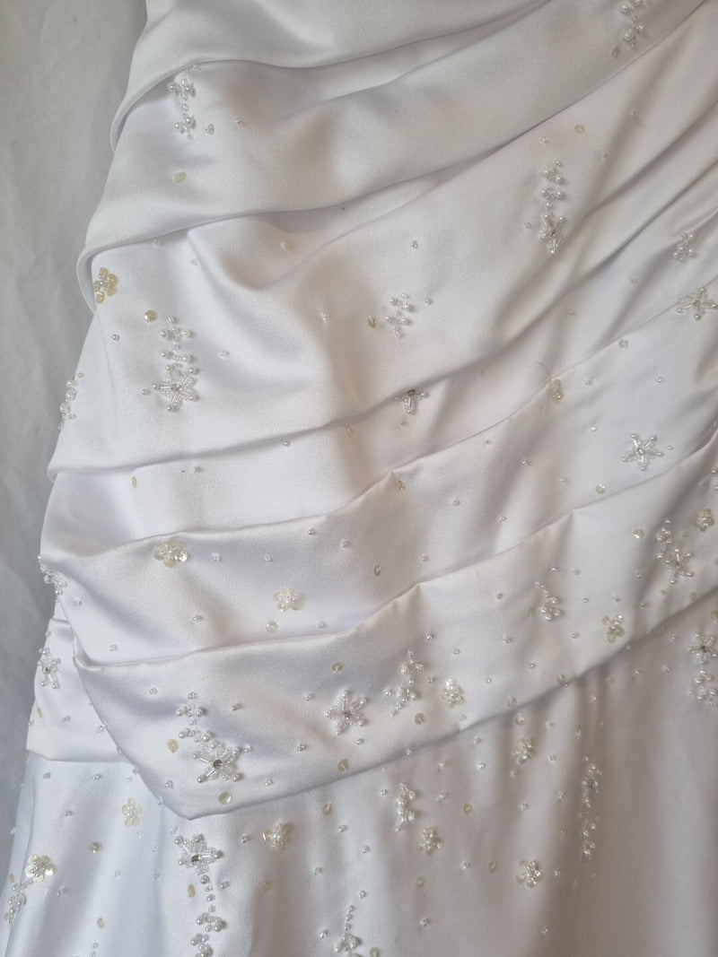 iModa White Satin A-line Beaded Sequin Pleated One Shoulder Wedding Dress Sz 106