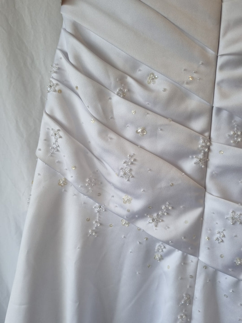 iModa White Satin A-line Beaded Sequin Pleated One Shoulder Wedding Dress Sz 1014