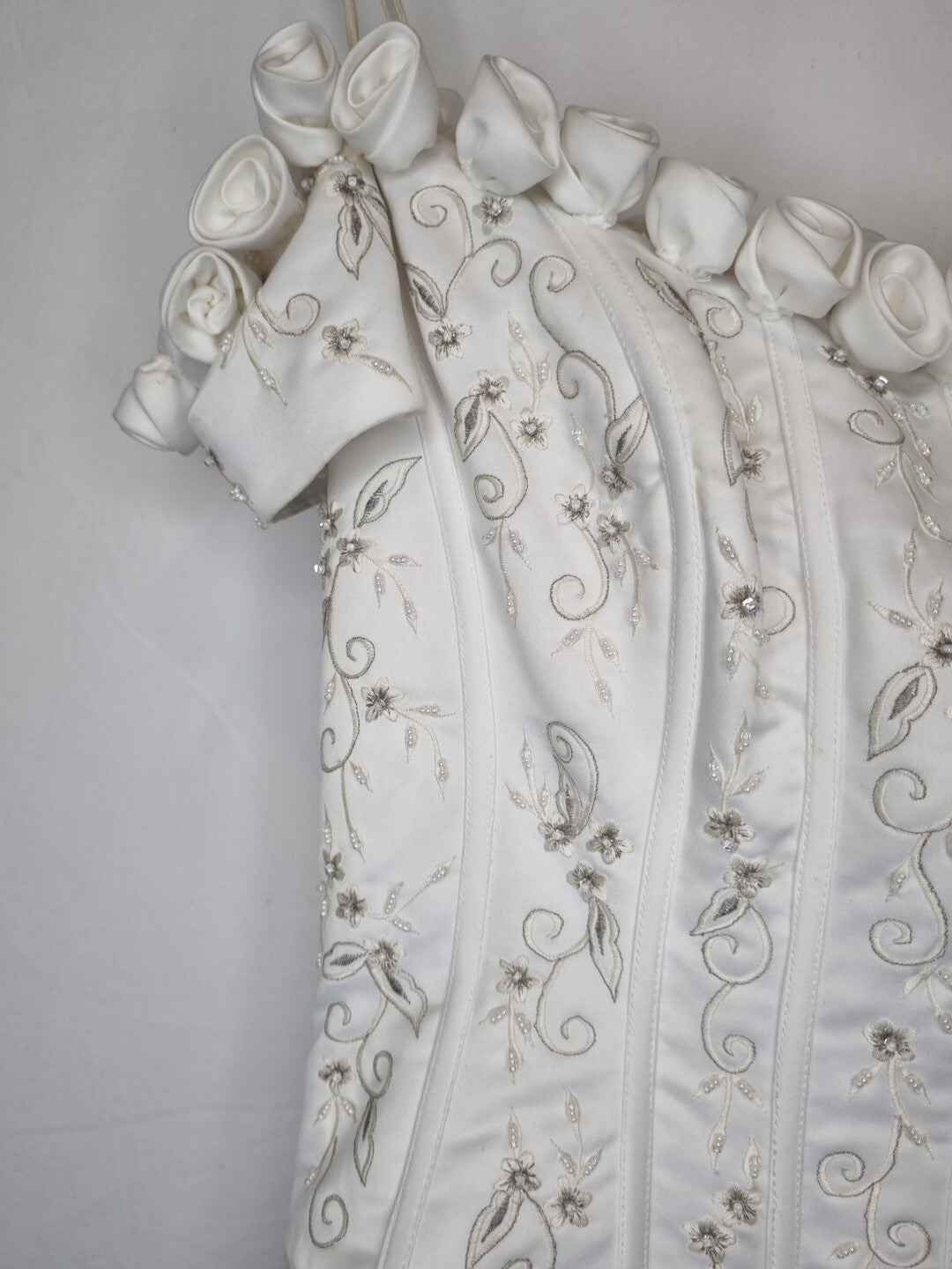 Imoda White Satin Corset Off Shoulder Beaded Roses Train Wedding Dress Sz 124