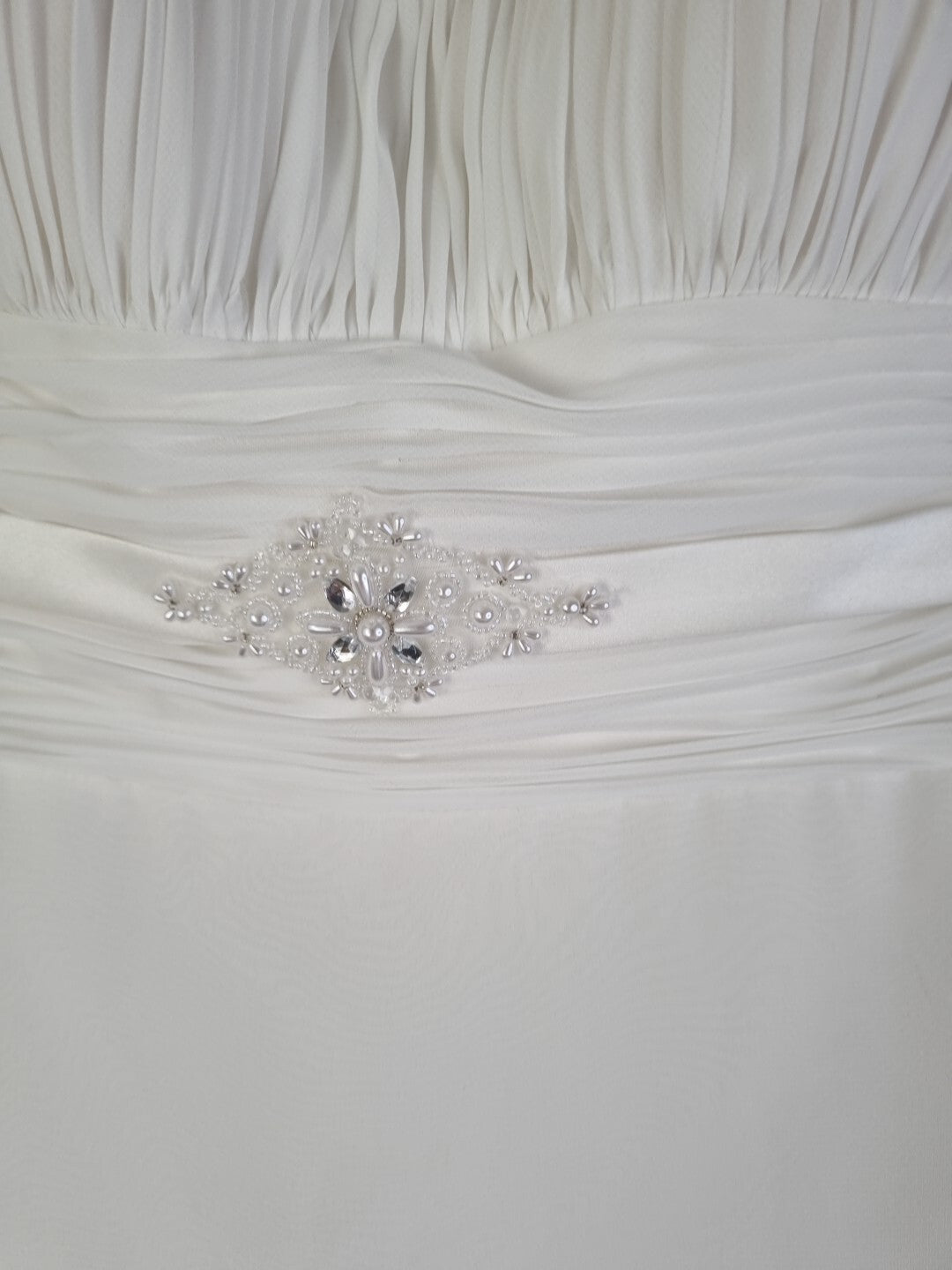 Imoda Ivory Chiffon Ruched Pearl Beaded Train Wedding Dress Sz 105
