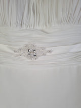 Imoda Ivory Chiffon Ruched Pearl Beaded Train Wedding Dress Sz 105