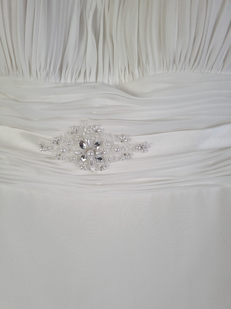 Imoda Ivory Chiffon Ruched Pearl Beaded Train Wedding Dress Sz 105